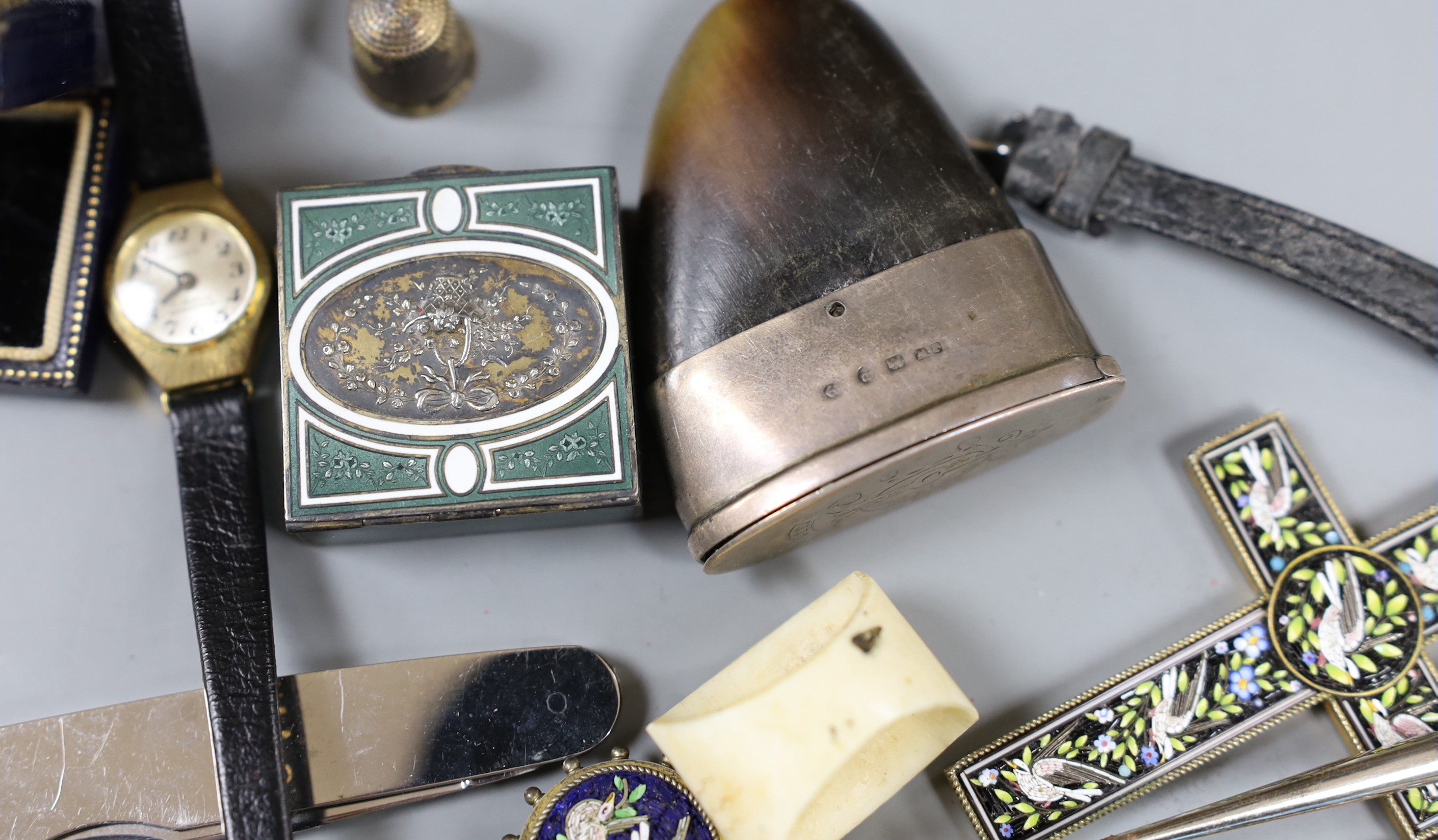 An early 20th century lady's 9ct gold wrist watch and sundry minor jewellery and accessories, including a German 950 white metal and enamel pill box.